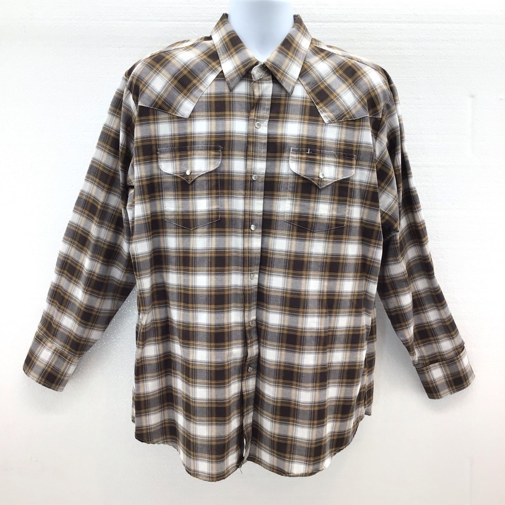 Ely Cattleman Mens Brown Plaid Snap Button Shirt